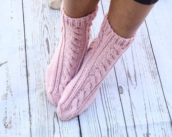 Hand knit socks cable knit socks bed socks dusty pink neutral color cottage chic womens socks gift for her hygge Mothers Day warm socks