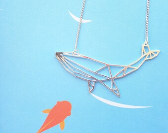 Origami whale necklace, Geometric whale, Silver whale, big whale, Animal necklace, fish necklace, sea life, ocean charm, Statement Necklace