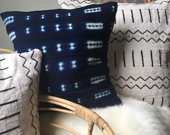 Amazing African Mudcloth Hand Stitched White & Black or Shibori Indigo Pillow Cover - 16"x16" - 20"x20" - 25"x25" - 16"x26" - also available