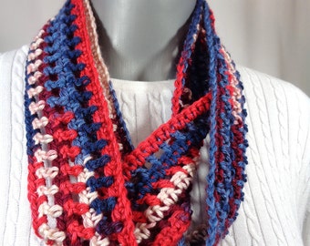 Red White and Blue Scarf, Thin Infinity Scarf, Lightweight Indoor or Outdoor Patriotic Neckwear with Soft Yarn, Gift for Mom, American Wear