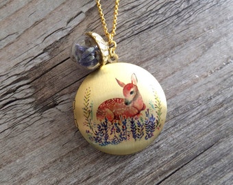 Fawn Lavender Locket Necklace - Deer Locket - Dried Lavender Jewelry - Gift for Her - Women - Under 40 - Woodland Necklace