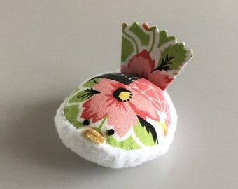 Pincushion Pink and Green Floral Bird Pincushion Floral Pin Keep Kawaii Bird
