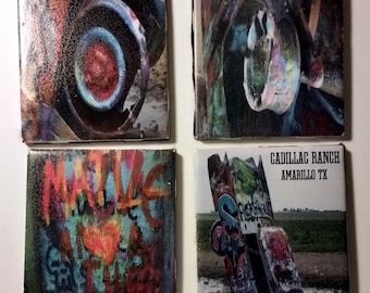 Beautiful Cadillac Ranch CERAMIC TILE COASTER Set of 4