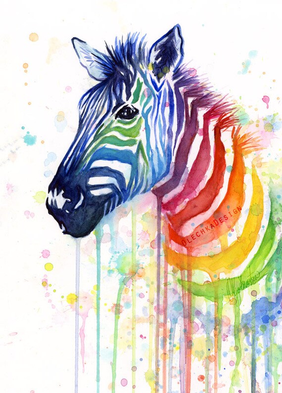 Zebra Watercolor Rainbow Painting Giclée Print Zebra Art