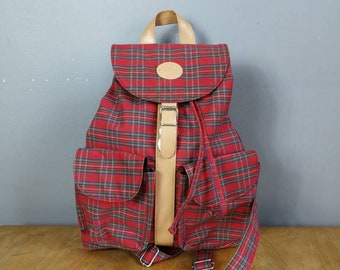 Large red tartan backpack / 90s tartan rucksack / vintage checked back purse / retro backback handbag / red tartan / grunge backback /