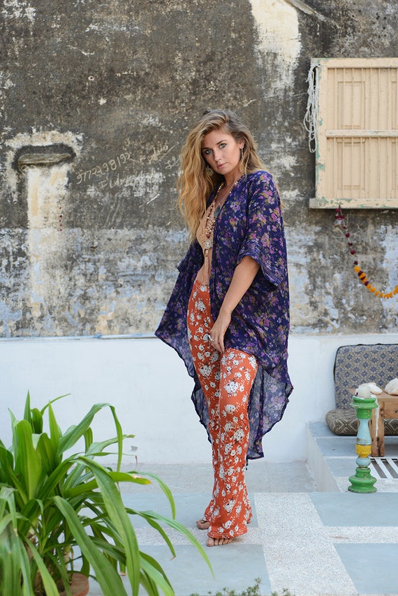 PURPLE FLOWER KIMONO - Waterfall kimono - Cardigan - Beach - Kaftan - Summer - Festival fashion - Maxi dress - Upcylce - Vintage - Hippie