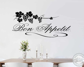Bon Appetit Kitchen Wall Sticker Quote Decal, Kitchen Dining Room Home Wall Decal with Grapevine