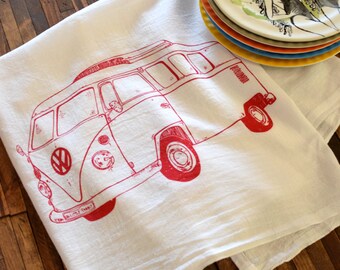 Tea Towel - Screen Printed Flour Sack Towel - Volkswagen Bus - Eco Friendly Dish Towel - Kitchen Towel - All Natural Cotton - Flour Sack