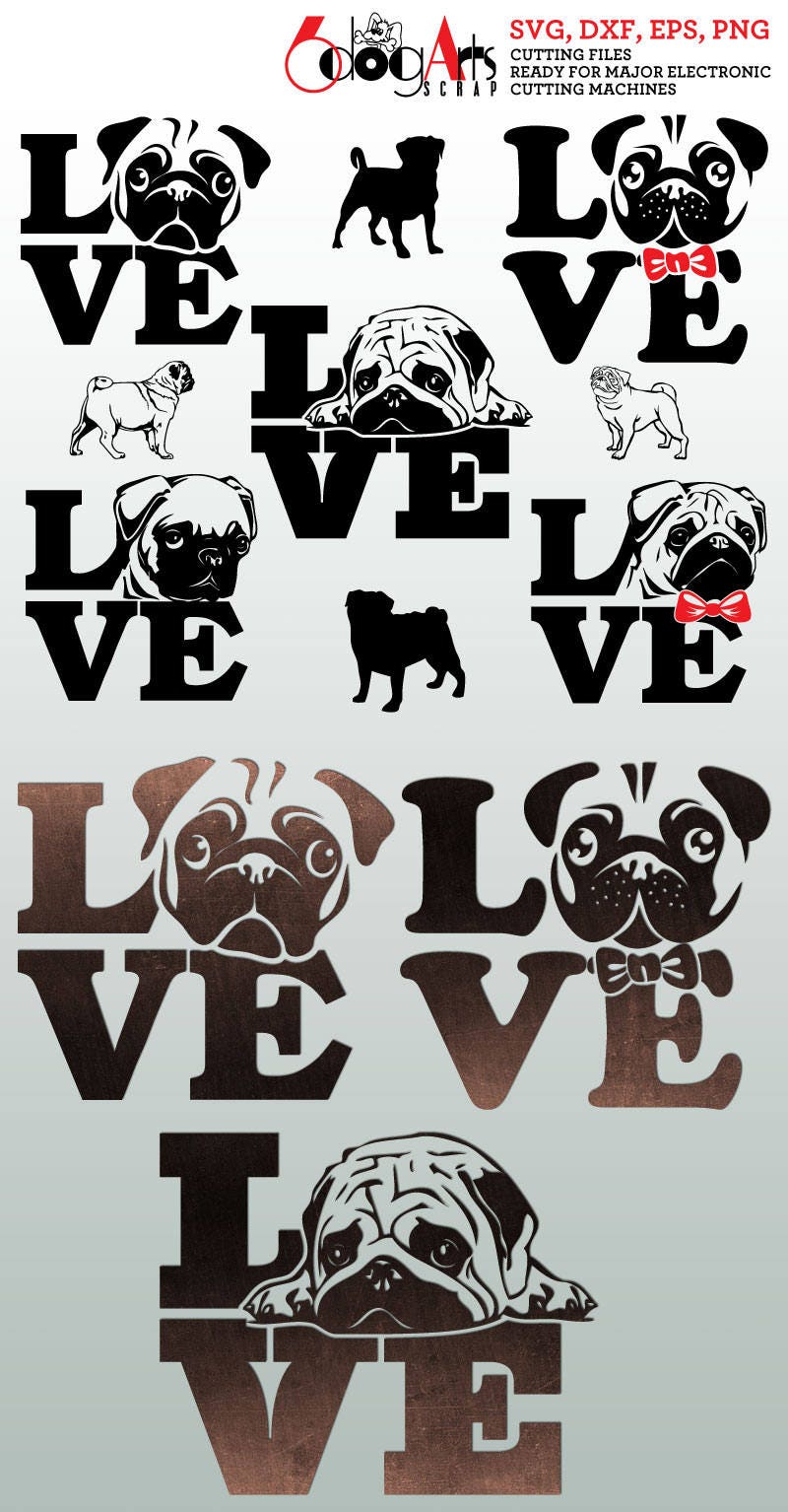 Download Pug Dog Love Digital Vector Cut Files Svg Dxf Eps Png