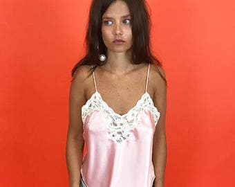 Baby pink satin crop cami with lace M