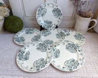 Set of 6 Antique french art nouveau green transferware dinner plates. Green transferware plates. Art Nouveau design. French Nordic