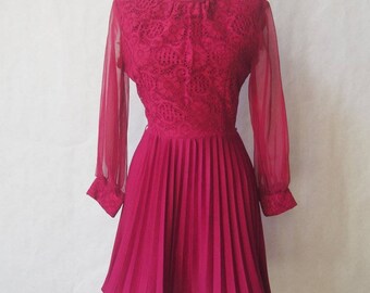 Vintage 60s 70s Merlot Accordion Pleated Mini Dress size xs, small