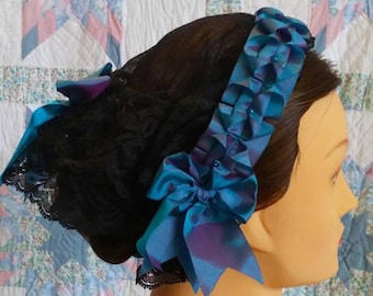 Black Net Fanchon Styled Day Cap with Changeable Ribbon