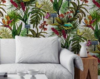 Tropical Wallpaper - Glasshouse Botanical Pattern with Palms, Insects and Greenhouse Windows
