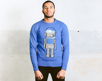 Ugly CHRISTMAS Sweater . Vintage 90s Mine Craft Print Nerdy Geek Sweater Knit Jumper Blue Men's Unisex Pullover Sweater . size Small