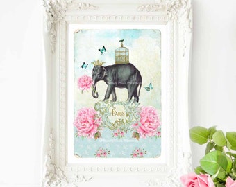 Elephant print, French art print, quirky, cute, nursery decor in pink and blue, vintage home decor, A4 giclee