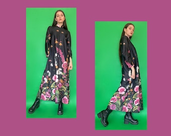 Vintage 80s 70s Black Floral Print Long Sleeve Maxi Dress