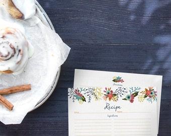 Recipe Cards Set of 15, 30 or 50 - Floral Border Design - 4x6 Recipe Cards - High Quality Linen Cardstock