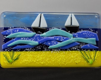 Fused Glass Sailing Boat , Sea & Sand Hanging Panel