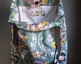 Vintage floral barkcloth fabric tote bag - green/gold/grey