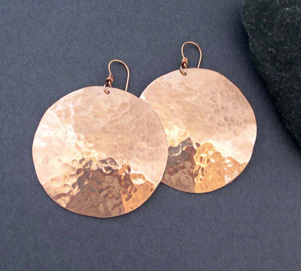 Large Hammered Bronze Disc Earrings with 14k Pink Gold Filled