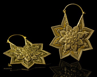Mandala earrings lotus, ear weights, tribal flower hoops, 1mm 18g, brass gold hoop, wear with gauges tunnels plugs hippie yoga indian