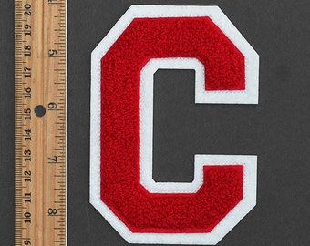 4-1/2" Chenille Stitch Varsity Letters, Iron-On Patch by pc, Red/White, TR-11648