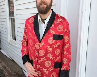 60s Mens Red Smoking Jacket Asian Dragon Robe Lounge Squirrel L XL