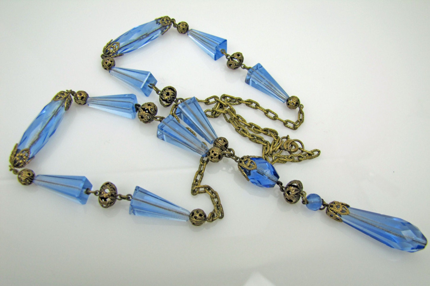 Czech Art Deco Necklace. Filigree Blue Topaz Crystal Pendant