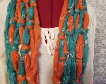 Handmade orange and green knotted scarf