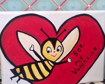 Bee My Valentine painting bee valentine decor vintage retro inspired valentine wall art red heart bumble bee toni kelly original