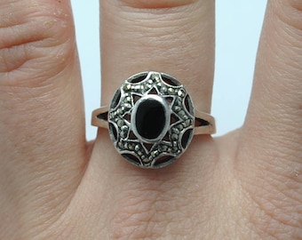 Onyx and marcasite ring and sterling silver, onyx vintage ring, onyx rings, vintage rings, onyx rings, onyx and marcasite, onyx, vintage