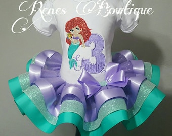 Deluxe Mermaid Birthday Ribbon Tutu Set | Birthday Party Outfit | Purple and Teal