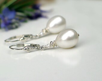 Teardrop Pearl Earrings | White Freshwater Drop Pearl | Sterling Silver Fleur De Lis Leverback Dangles | Birthday | Everyday | Ready to Ship