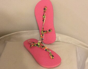 Pink Flip Flops with Floral Straps