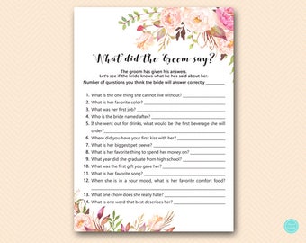 Boho Floral Bridal Shower Games, What did the Groom Say, What did he say about her, Newlywed Game, Bridal Shower Game, Games Download BS546