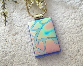 Heart Necklace, Dichroic Necklace, Glass Jewelry, Dichroic Jewelry, Periwinkle Blue Necklace, Fused Glass Jewelry, Gold Necklace, 100515p100