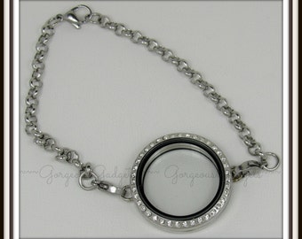 30mm Floating Locket / Glass Locket Bracelet Stainless Steel With Crystals