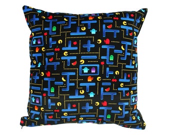 Pacman Maze Cushion Cover. A great geeky gift idea for lovers of retro arcade games and computer gaming.