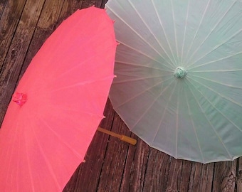 Mint green or coral silk parasols, hard to find colors, for weddings parties photo props 33" fabric parasol, cloth parasol