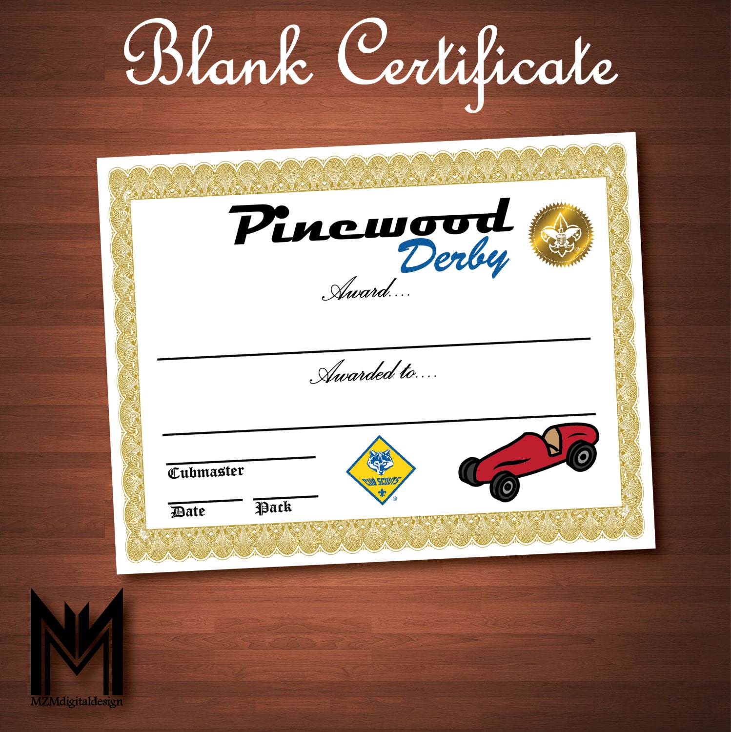 Printable Blank Pinewood Derby Certificate BSA Cub Scout