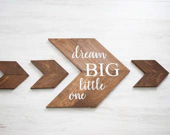 Rustic Nursery Decor- Woodland Nursery Decor- Baby Shower Gift- Dream Big Little One Nursery Set- Wood Chevron Arrows- Nursery Wall Hanging