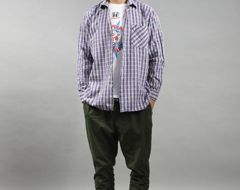 90s Vintage Plaid Mens Blue Shirt. Boyfriend Gift. Cotton Button Down Grunge Button Down Leisure Shirt. Hipster wear. Size XL