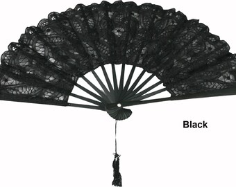 Battenburg Lace Wedding Bridal Fan Black