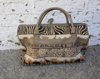 Safari Tapestry Luggage / 1980s Tapestry Luggage / African Safari Suitcase / Vintage 1980s Tapestry Suitcase / Pioneer Express Luggage