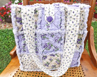 Purple Flowers Rag Quilt Tote - Floral Tote - Purple Tote - Purple Rag Tote - Flowers Rag Tote - Handbag - Gift for Her