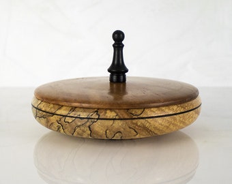 Handmade Lidded Wooden Bowl, McKINLEY, a Hand Turned Spalted Maple Wood Vessel with Cherry Lid and an Ebony Finial