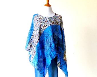 One Size-Cerulean Blue Patchwork Poncho Top ~ gypsy tunic kimono shawl boho chic cape upcycled handmade clothing jacket wearable art