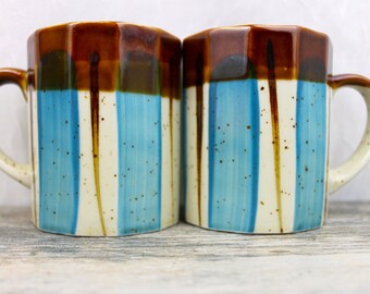 Vintage Mid Century Stoneware Mugs Eames Era BLUE and BROWN Coffee Mug Set Speckled Splashy Dash Westwood stoneware Pottery