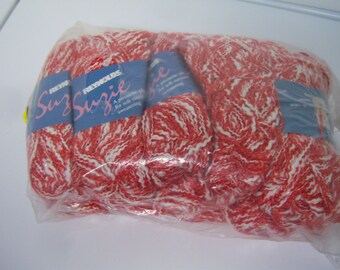 Reynolds Yarn, Suzie Soft Yarn, Red and White, 55% Cotton, 41 Acrylic, 4 Polyester, 9 Stitches is Two Inches, Color 20, Lot 201, 11 Skeins